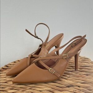 Pointed Toe Tan Slingback Heels with Cross-Straps